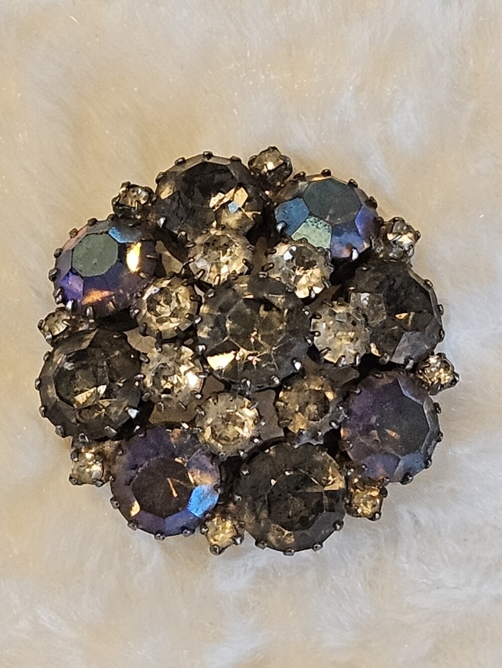 Vintage WEISS Signed Rhinestone Brooch AB Grey Stones Prong Set Reworked Back
